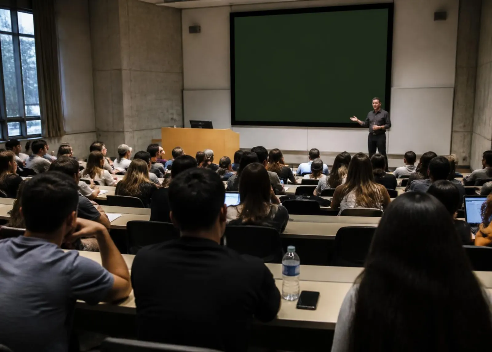 A lecturer teaching in a full lecture theatre.