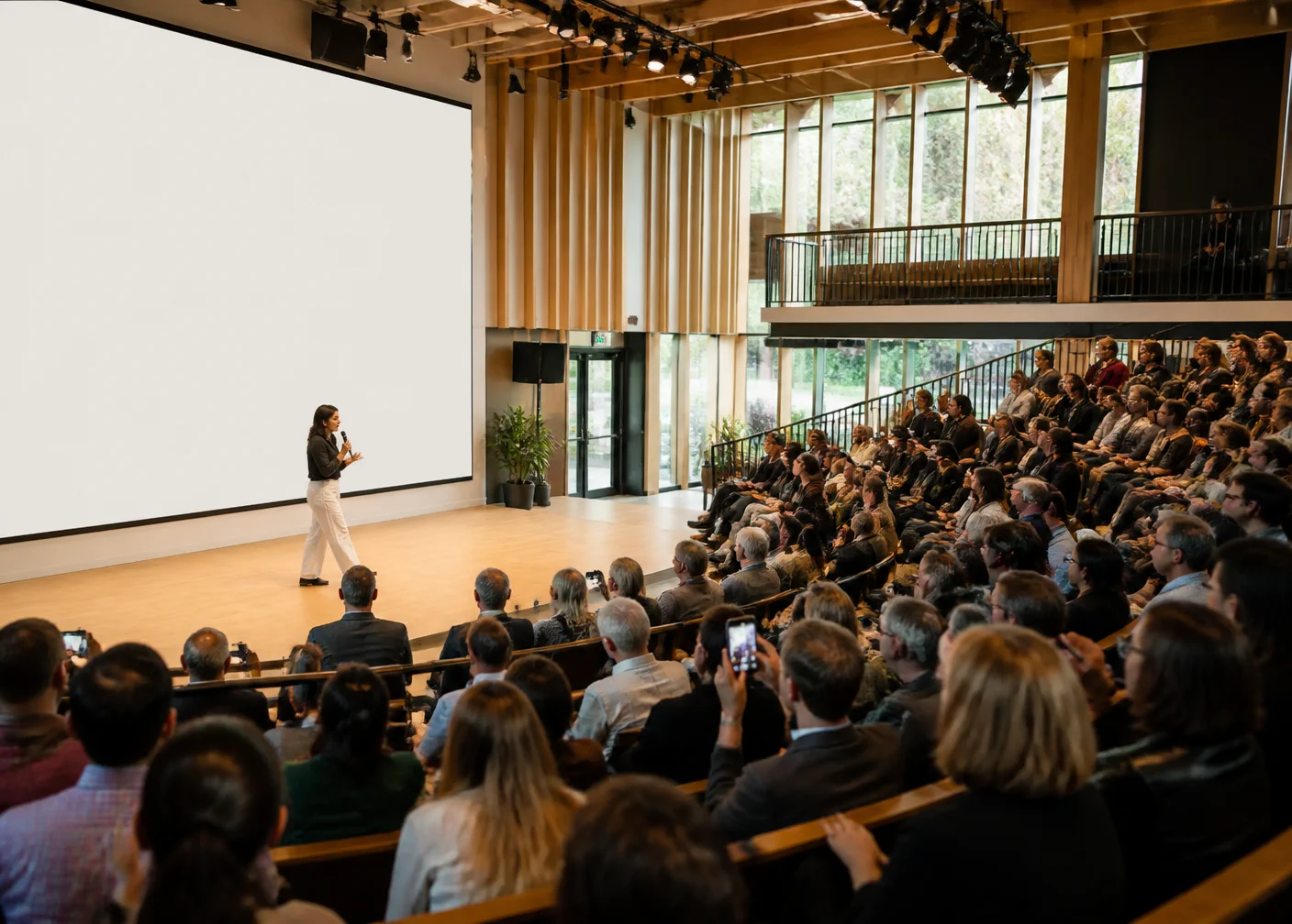 A speaker engaging a community audience in conversation.