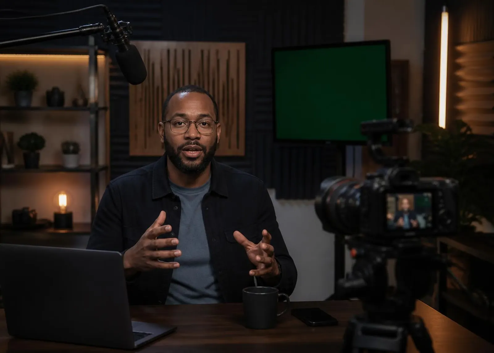 Creator speaking to a camera during a livestream recording